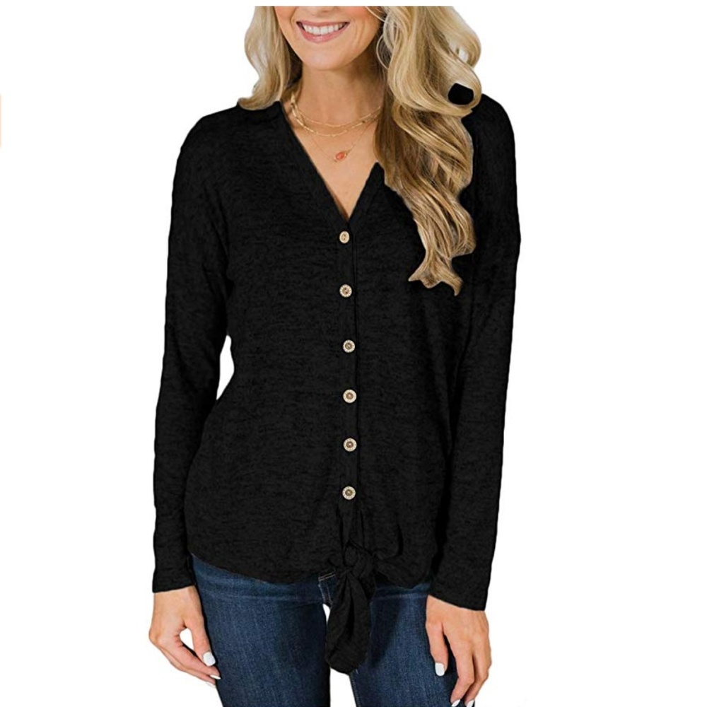 Black Button Down Cardigan With Tie - Picture 2 of 4